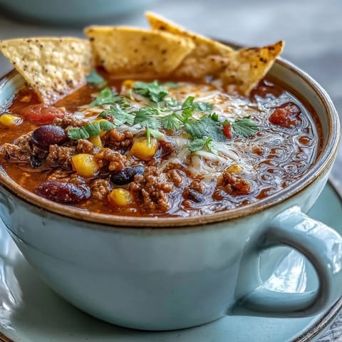 A steaming bowl of taco soup filled with ground beef, beans, and vibrant vegetables, garnished with shredded cheese and cilantro.  