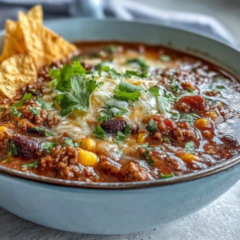A hearty Tex-Mex taco soup simmering with seasoned beef, black beans, and diced tomatoes, served with crispy tortilla chips on the side.  