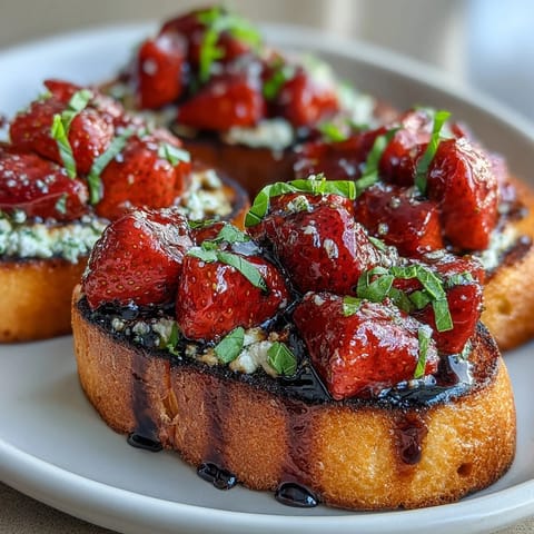 Vibrant balsamic strawberry bruschetta toasts topped with creamy goat cheese and fresh basil, perfect for spring gatherings.