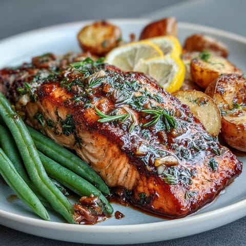 A colorful sheet pan dinner with roasted salmon, green beans, and potatoes, seasoned with lemon and herbs for a healthy, flavorful meal.  