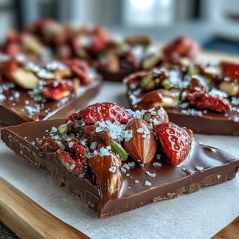 Luxurious Dubai Chocolate Strawberry Bark with pistachios and almonds, showcasing rich dark chocolate topped with dried strawberries and crunchy roasted nuts.