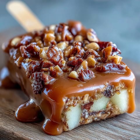 Caramel candy apple slices with crushed peanuts, a sweet and crunchy treat perfect for fall parties or snacking.