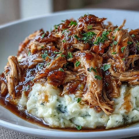 Slow Cooker Mississippi Chicken with creamy garlic mashed potatoes, a comforting Southern meal with zesty ranch, savory au jus, and tangy pepperoncini.  