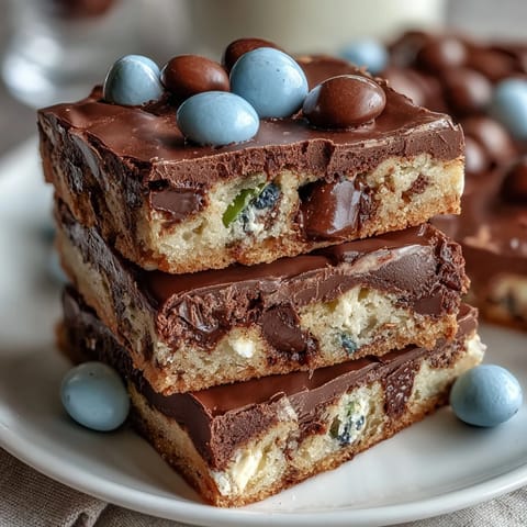 Soft, chewy Cadbury Egg Cookie Bars loaded with pastel M&Ms and crunchy mini egg pieces, perfect for spring celebrations.