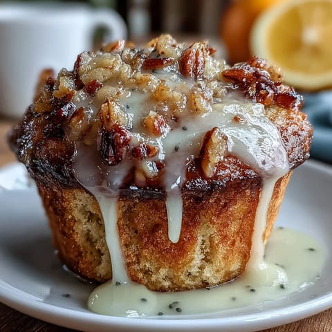 Freshly baked lemon poppy seed muffins topped with a glossy lemon glaze, perfect for a bright spring brunch table.