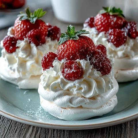 Delicate, crisp meringue shells topped with whipped cream and juicy strawberries, a classic mini pavlova dessert.