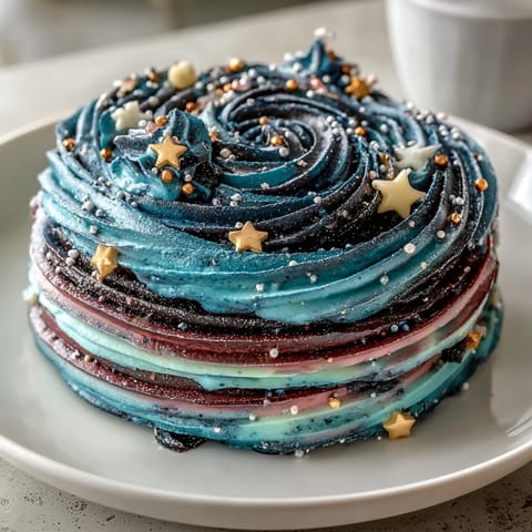 Vibrant galaxy graduation cake with shimmering edible stars and marbled buttercream, perfect for celebrating academic achievements with style.