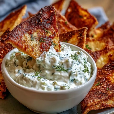 Golden-baked pita chips with tzatziki: crunchy triangles served with refreshing herb-infused Mediterranean dip.