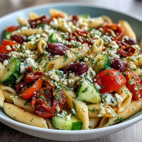 Vibrant Greek pasta salad featuring juicy tomatoes, crisp cucumbers, briny olives, and creamy feta in a tangy olive oil dressing.  