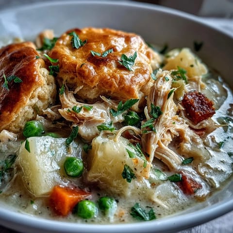 Creamy Slow Cooker Chicken Pot Pie Soup with tender chicken and hearty vegetables in a rich, savory broth, perfect for cozy weeknight dinners.