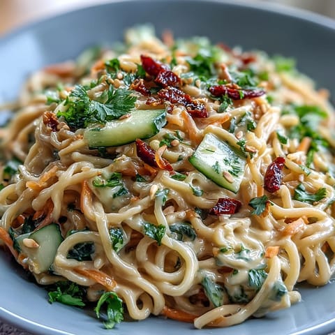 Cold sesame noodle bowl with cucumber, garnished with fresh cilantro and sesame seeds for a vibrant, refreshing dish.