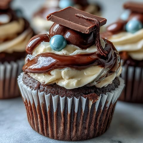 Simple Graduation Cupcakes with Cap Toppers: festive vanilla cupcakes topped with buttercream frosting and edible graduation caps made from chocolate and candy.