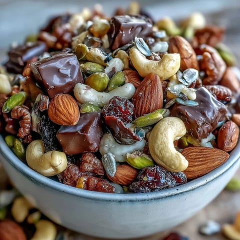 Homemade trail mix with dark chocolate and nuts in a rustic wooden bowl, ready for snacking.