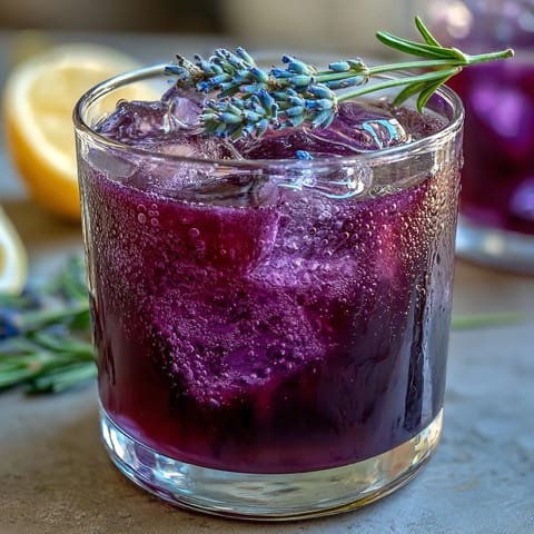 A vibrant glass of Purple Rain Lavender Lemonade Refresher with fresh lemon slices and lavender sprigs.  