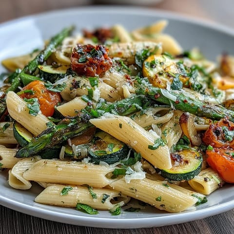 Colorful Spring Pasta Primavera with Fresh Veggies and herbs in a light, zesty lemon sauce.