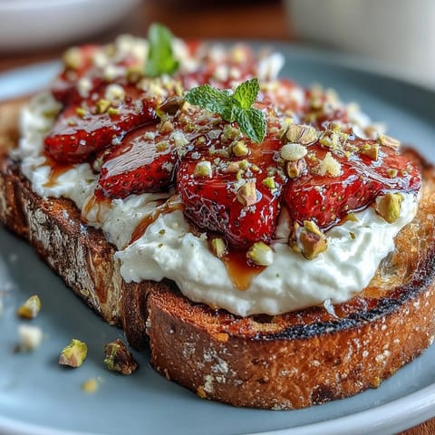 Creamy strawberry honey ricotta toast with crunchy pistachios, ready to eat.