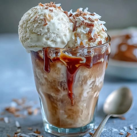 Creamy coconut cold brew float topped with melting vanilla bean ice cream.