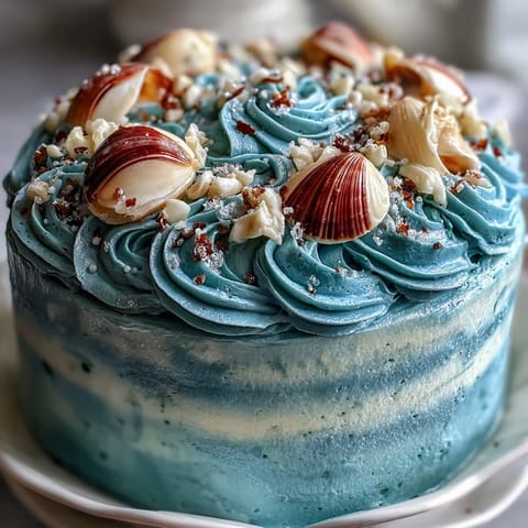 Cancer Zodiac Cake: Ethereal ocean blue vanilla cake topped with shimmering edible shells.