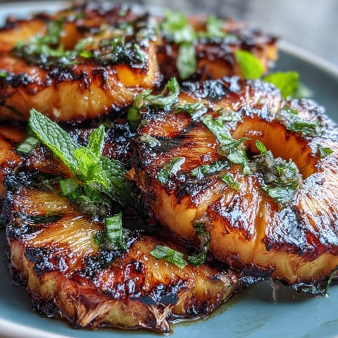 Golden grilled pineapple rings glistening with melted yuzu kosho butter, a hot summer dessert.