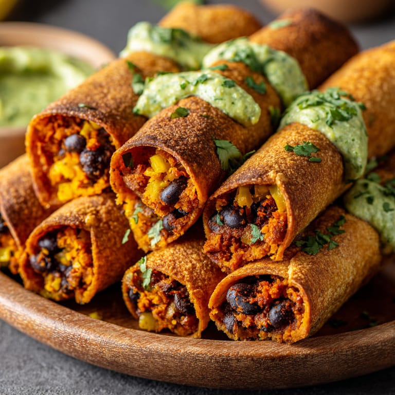 A plate of sweet potato and black bean taquitos.