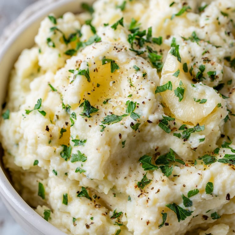 A bowl of mashed cauliflower with herbs and garlic.
