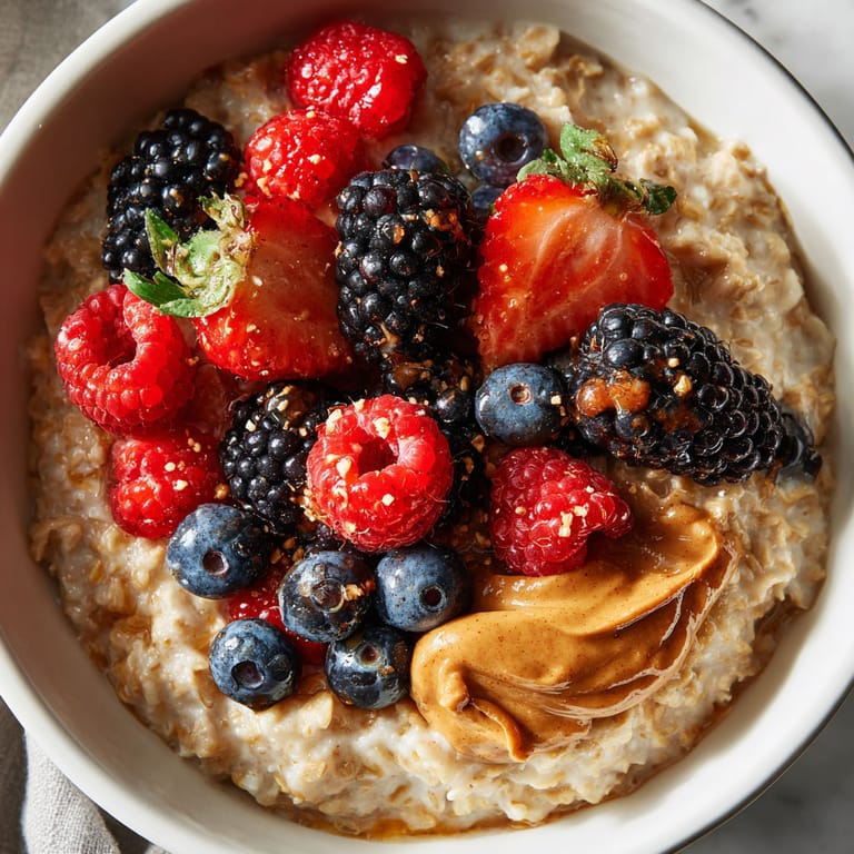A bowl of oatmeal with berries and almond butter.