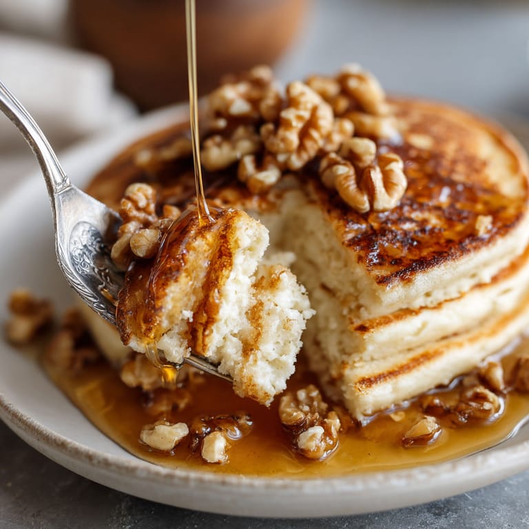 A stack of pancakes with honey and walnuts.