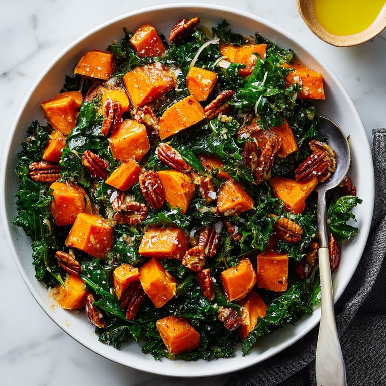 A bowl of warm sweet potato and kale salad.