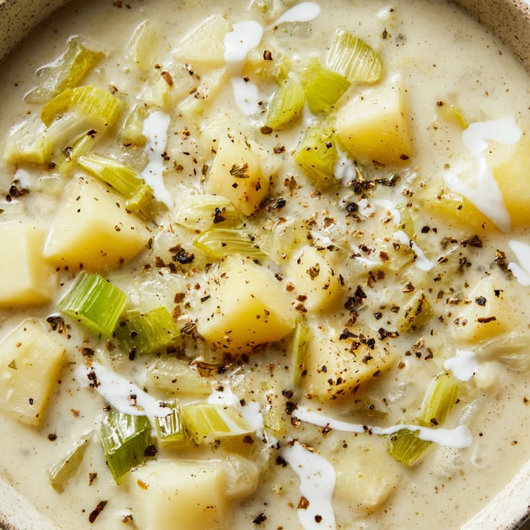 A bowl of soup with vegetables and cream.