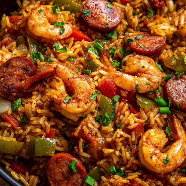 A bowl of rice with shrimp, sausage, and peppers.