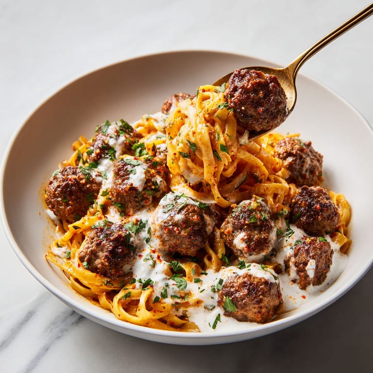 A bowl of pasta with meatballs and sauce.