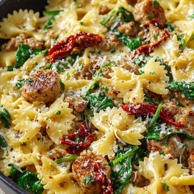 A skillet of pasta with sausage and sun-dried tomatoes.