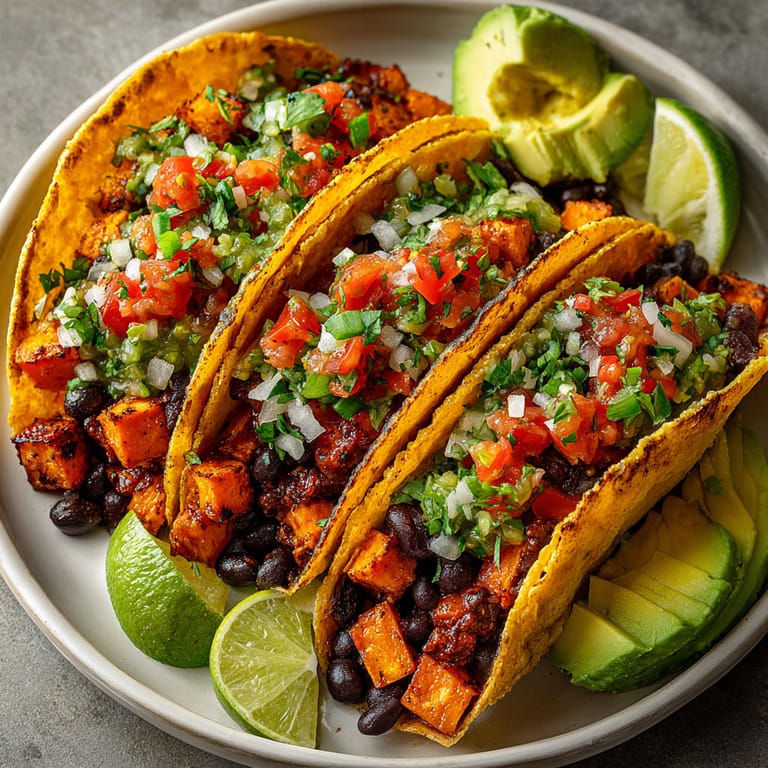Two tacos with sweet potato and black beans.