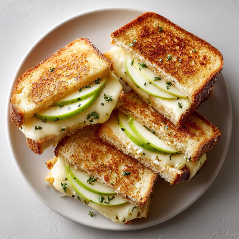 A plate of grilled cheese sandwiches with apples and sage butter.