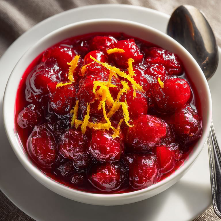 A bowl of red fruit with orange slices on top.