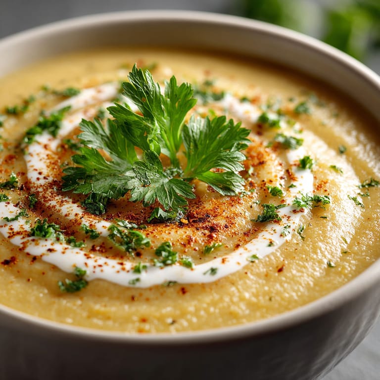 A bowl of soup with a green herb on top.