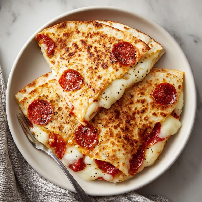 A slice of pizza quesadilla with cheese and pepperoni.