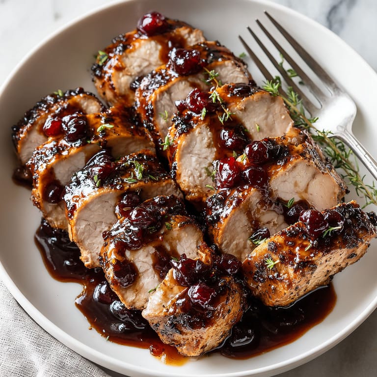 A plate of pork with cherries on top.