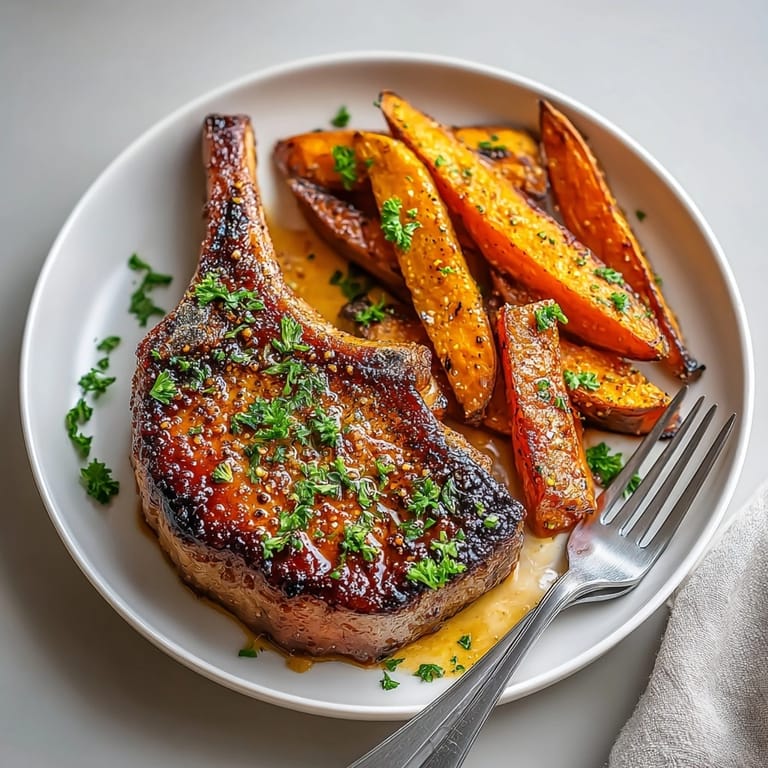 Savory and sweet maple glazed pork chops highlight earthy sweet potatoes for an easy dinner.