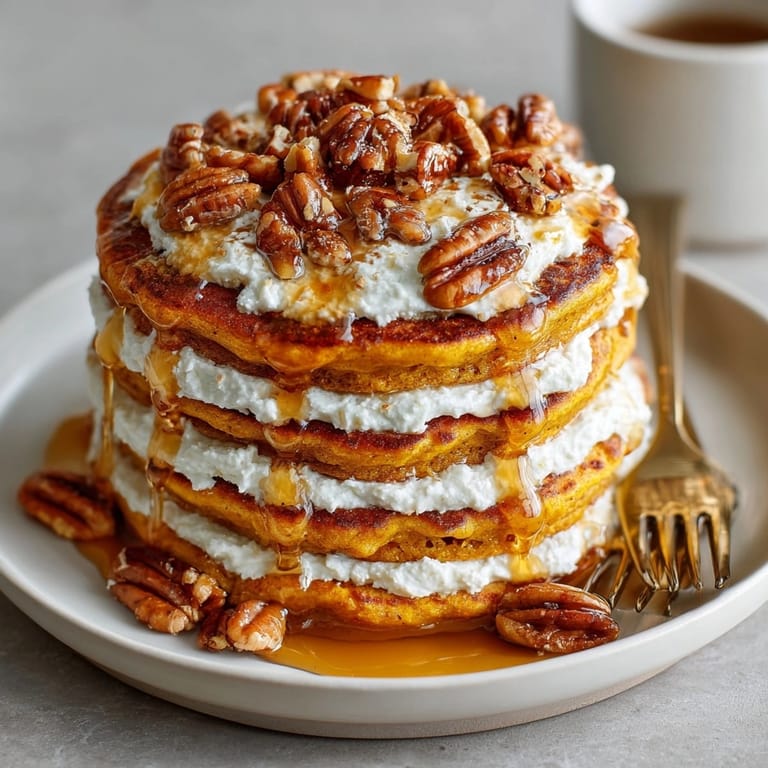 Stack of homemade Pumpkin Cream Cheese Pancakes; cinnamon scent, plated for delicious brunch.