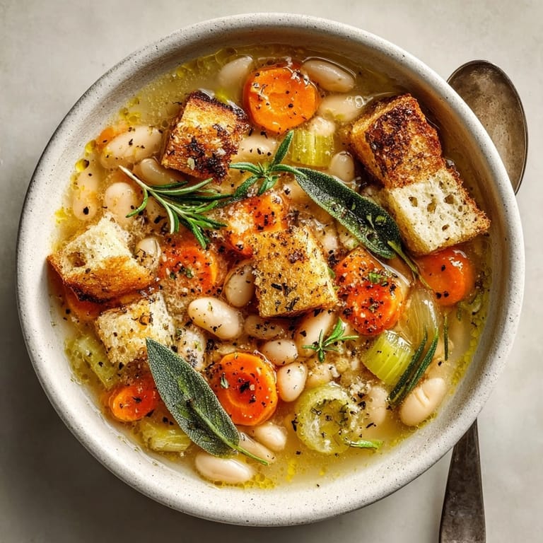 Close-up of nourishing Tuscan White Bean Soup, showcasing herbs and crusty bread.