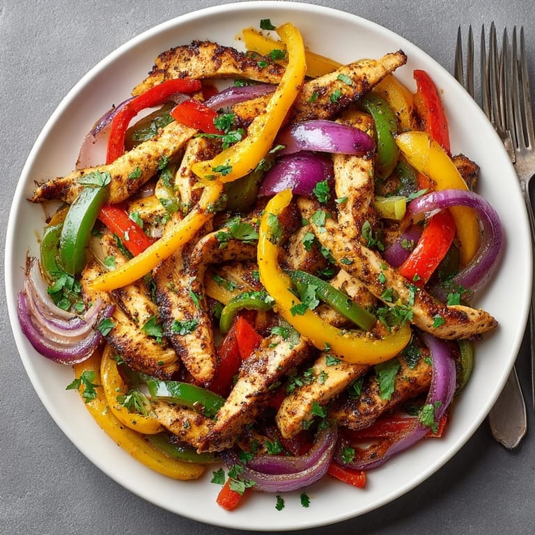 Juicy strips of sheet pan chicken fajitas, seasoned and served with warm tortillas.