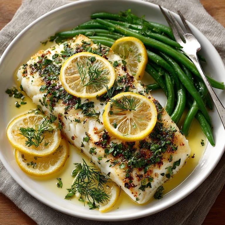 Succulent baked lemon herb cod, oven-baked with fresh herbs and lemon slices.