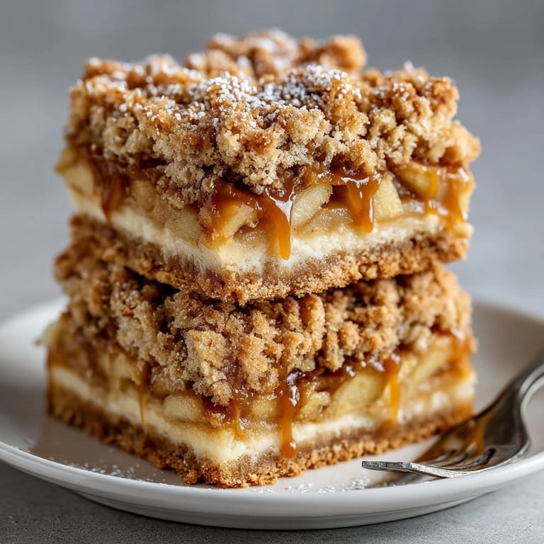Buttery Caramel Apple Crumble Bars with a cinnamon-oat topping, ready to serve.