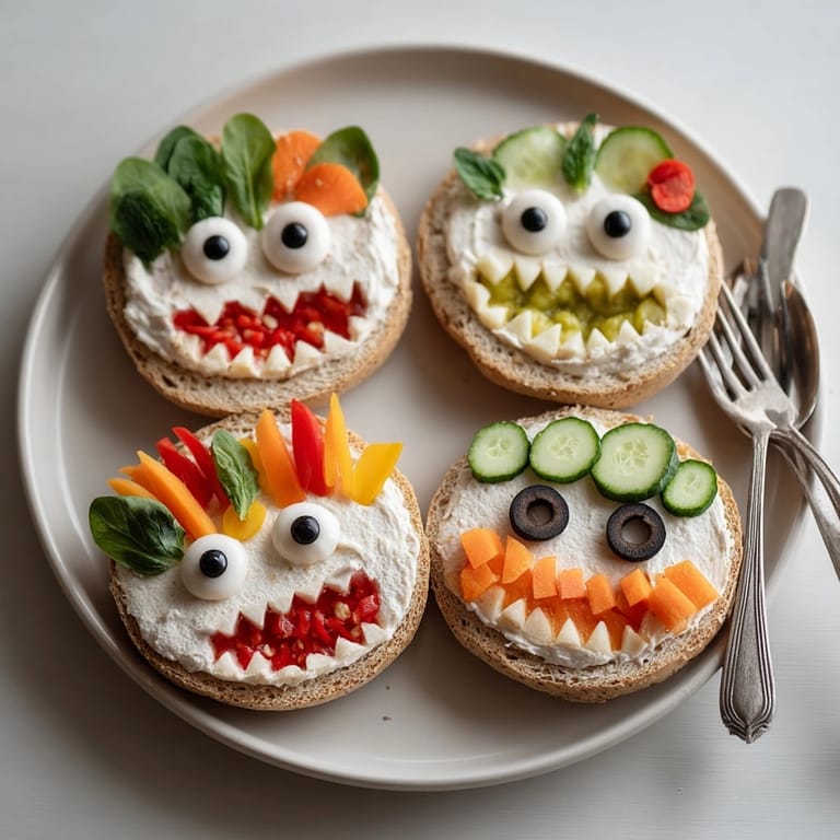 Homemade Monster Face Bagels feature a colorful, dairy cream cheese spread plus veggie toppings.