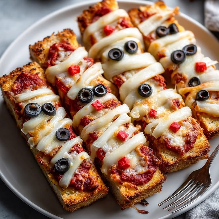 Close-up of Mummy French Bread Pizzas with melted mozzarella and marinara sauce.