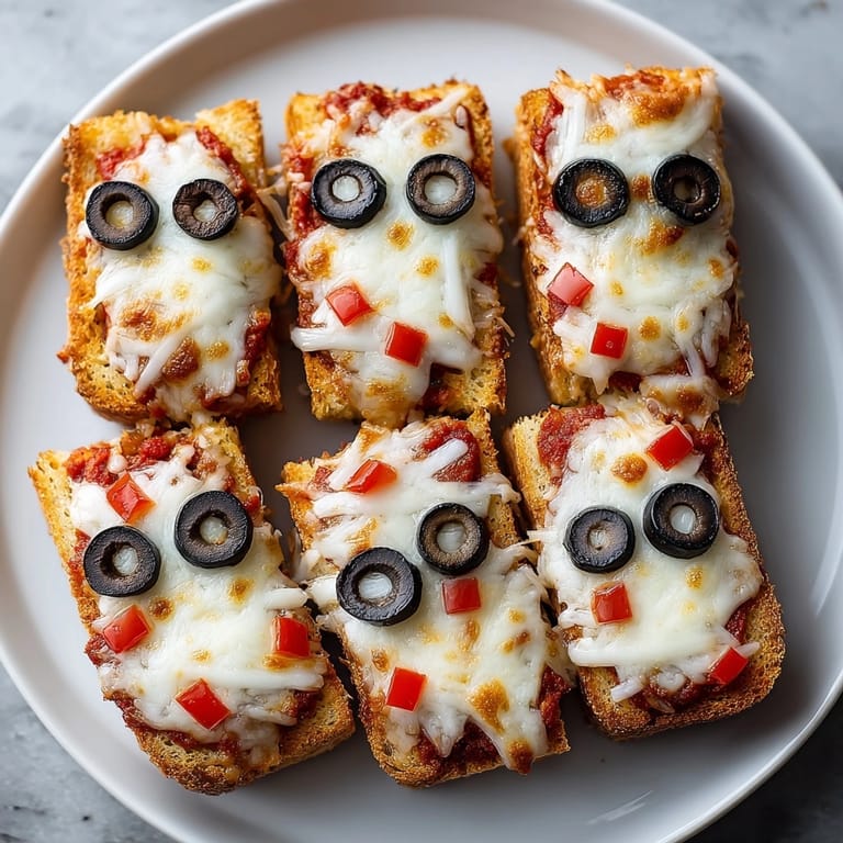 Warm Mummy French Bread Pizzas fresh from the oven, ready to enjoy Halloween.