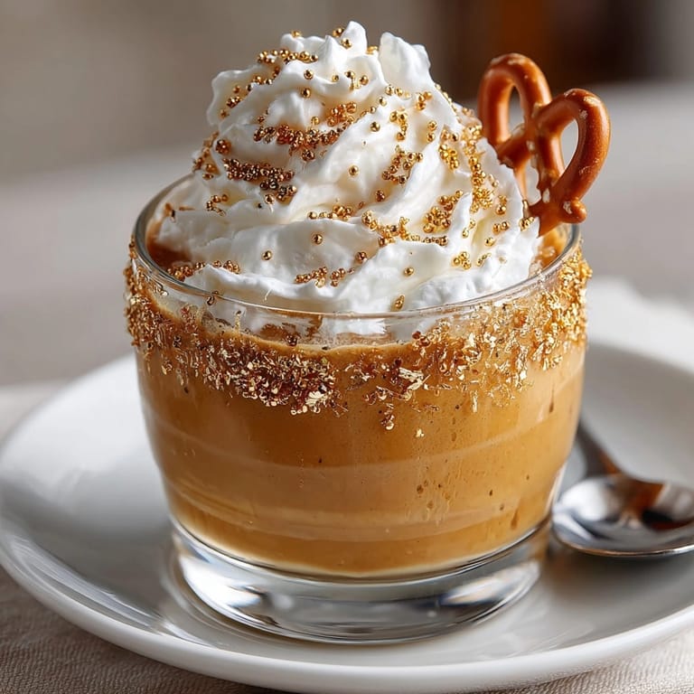 Boozy Butterscotch Potion Pudding Shots: Layers of pudding and whipped cream in clear glasses.