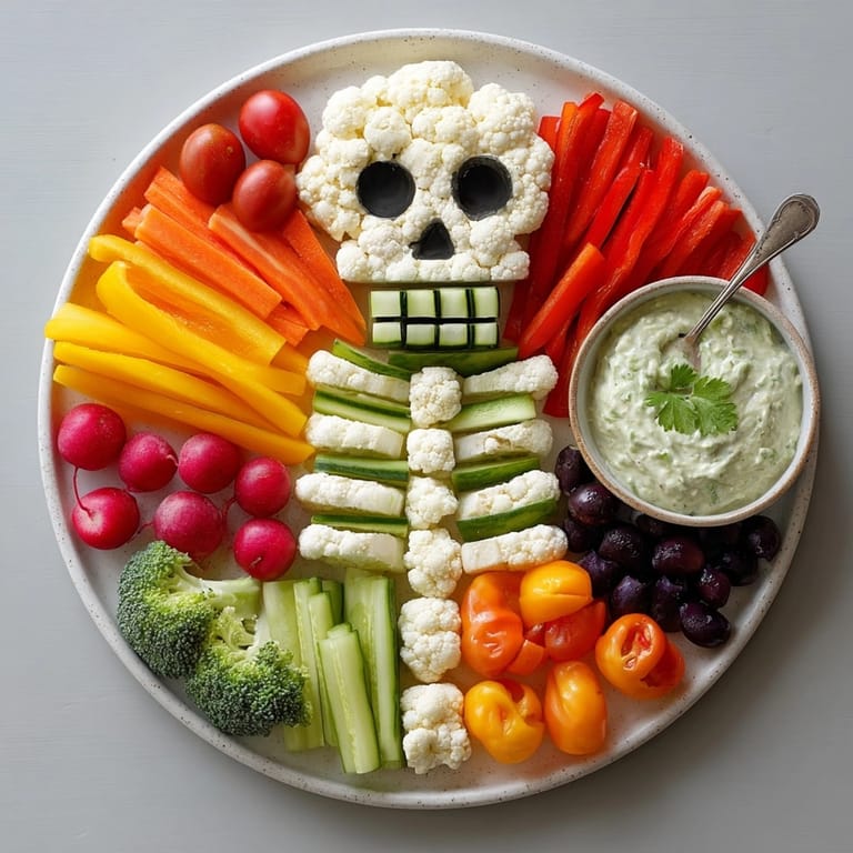 Create a healthy and fun Skeleton Veggie Platter, a colorful appetizer ready to be dipped and devoured.