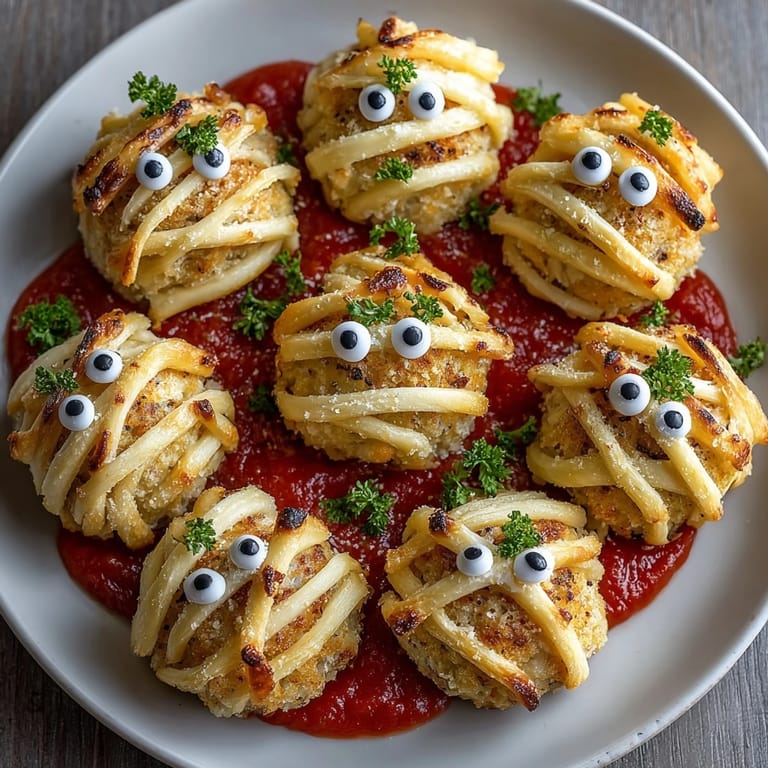 Homemade meatballs dressed as mummies: baked, cheesy, and perfect for a party.